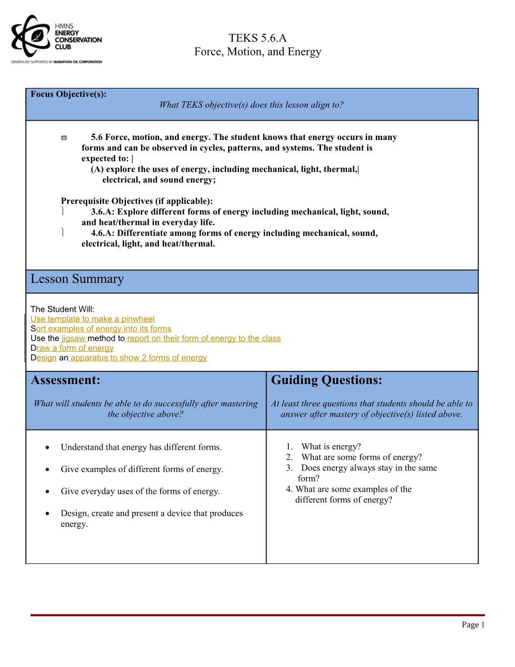 Teacher Resources and Handouts for Elaborate Section