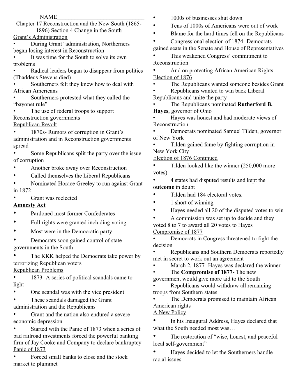 Chapter 17 Reconstruction and the New South (1865-1896) Section 4 Change in the South