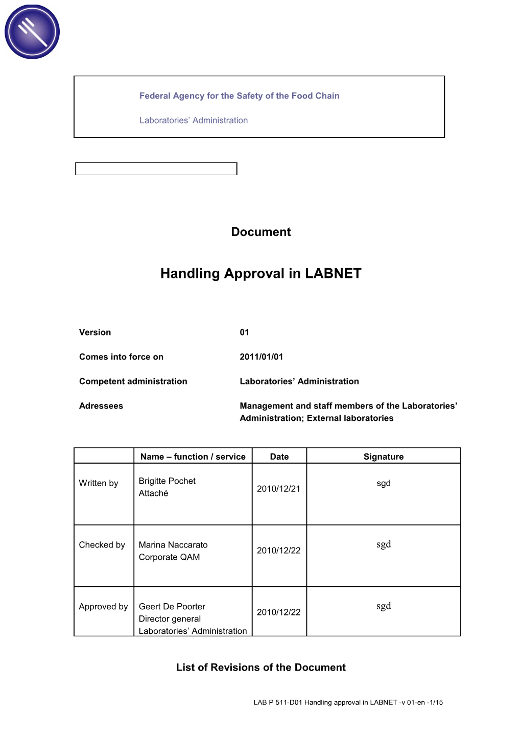 List of Revisions of the Document