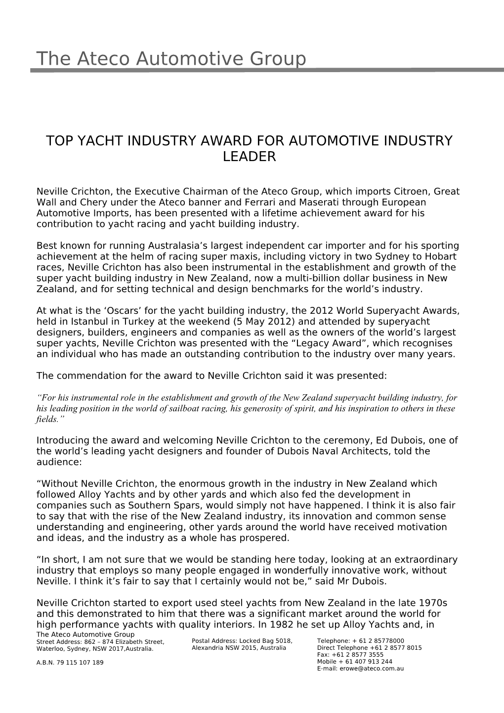 Top Yacht Industry Award for Automotive Industry Leader