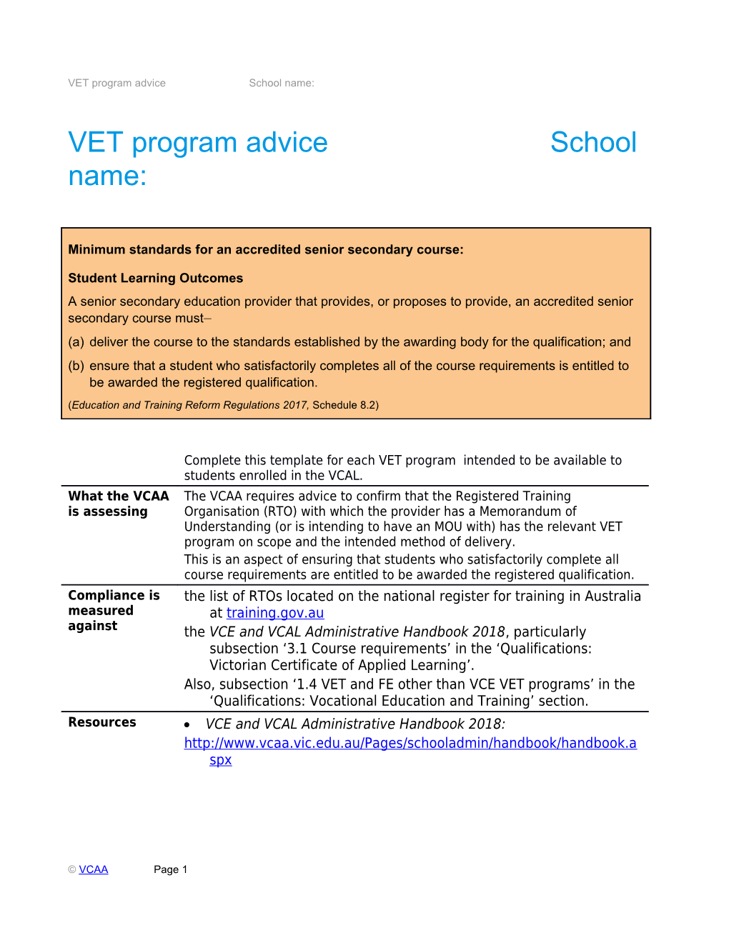 VET Program Advice School Name
