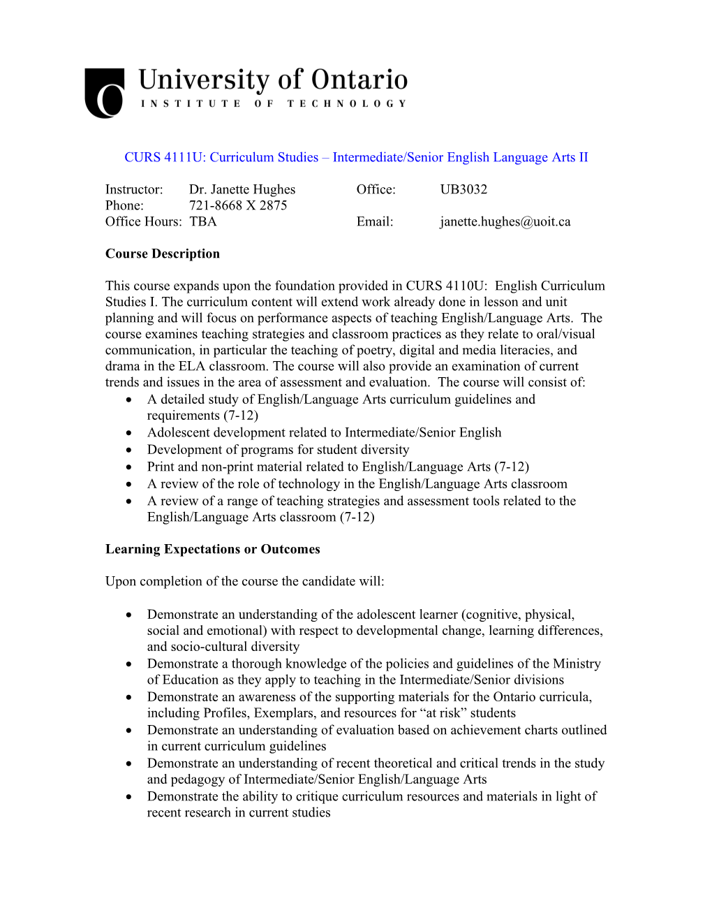 CURS 4111U: Curriculum Studies Intermediate/Senior English Language Arts II s1