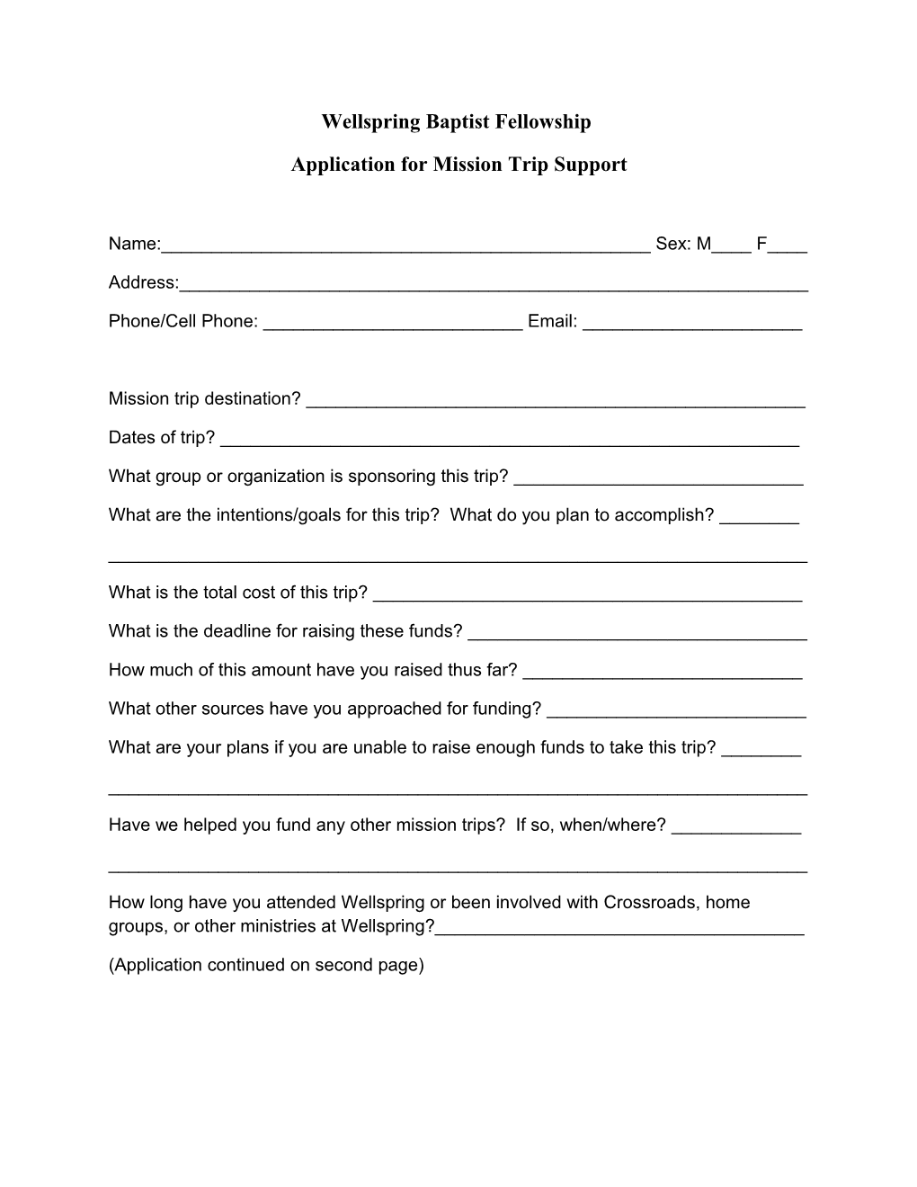 Application for Mission Trip Support