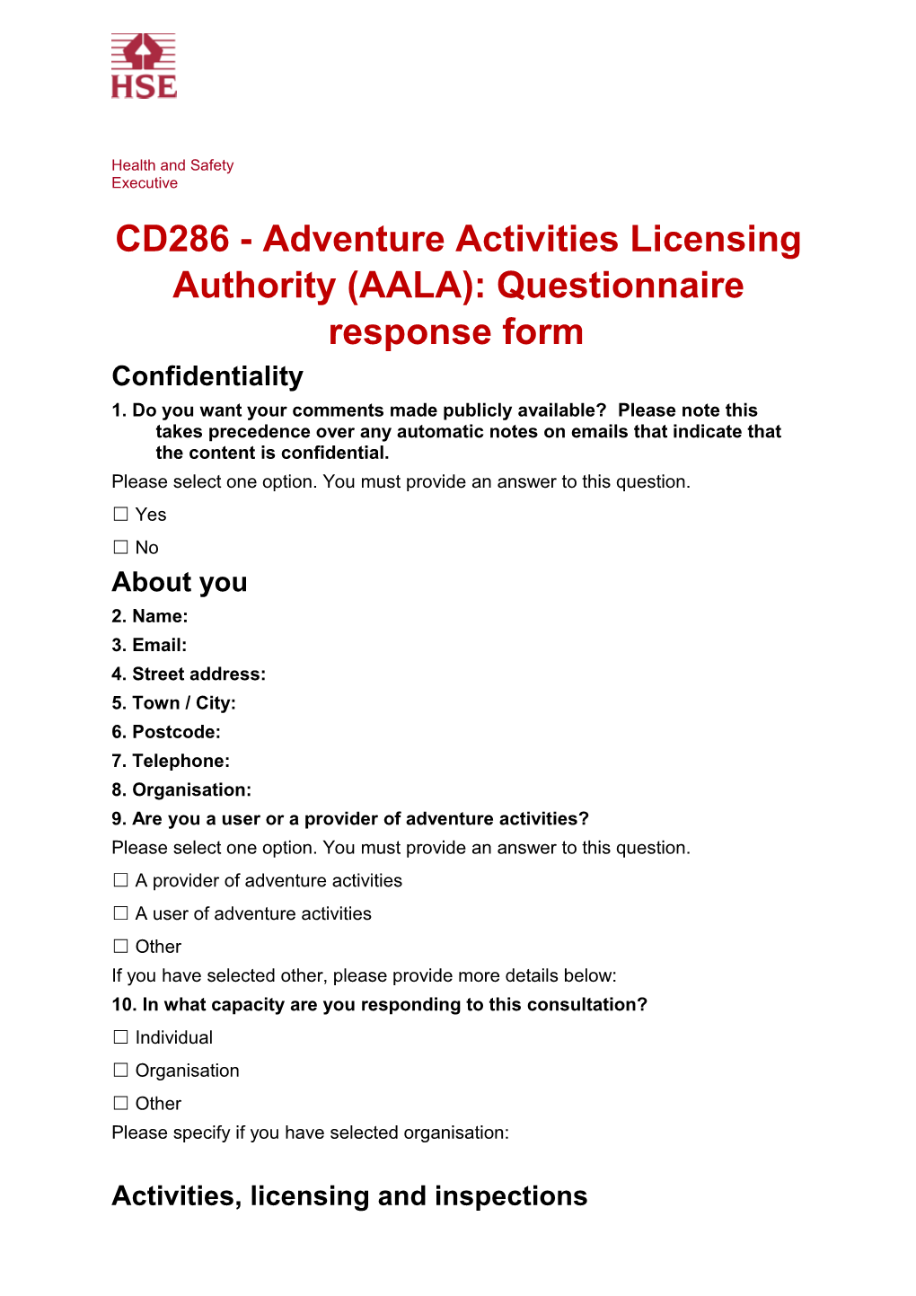 CD286 - Adventure Activities Licensing Authority (AALA): Questionnaire Response Form