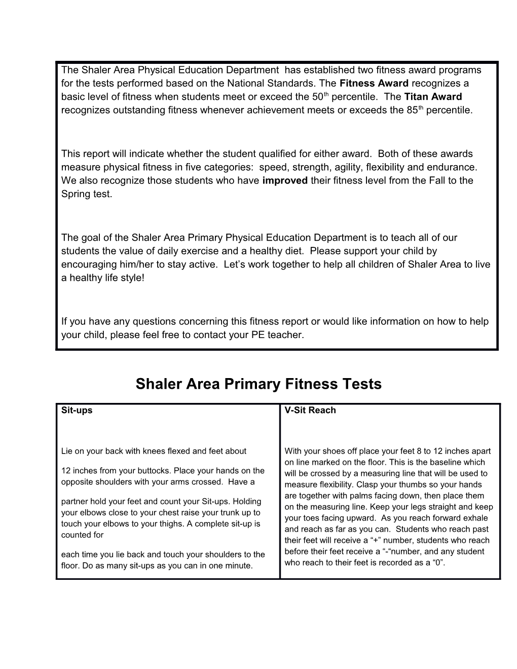 Shaler Area Primary Fitness Tests