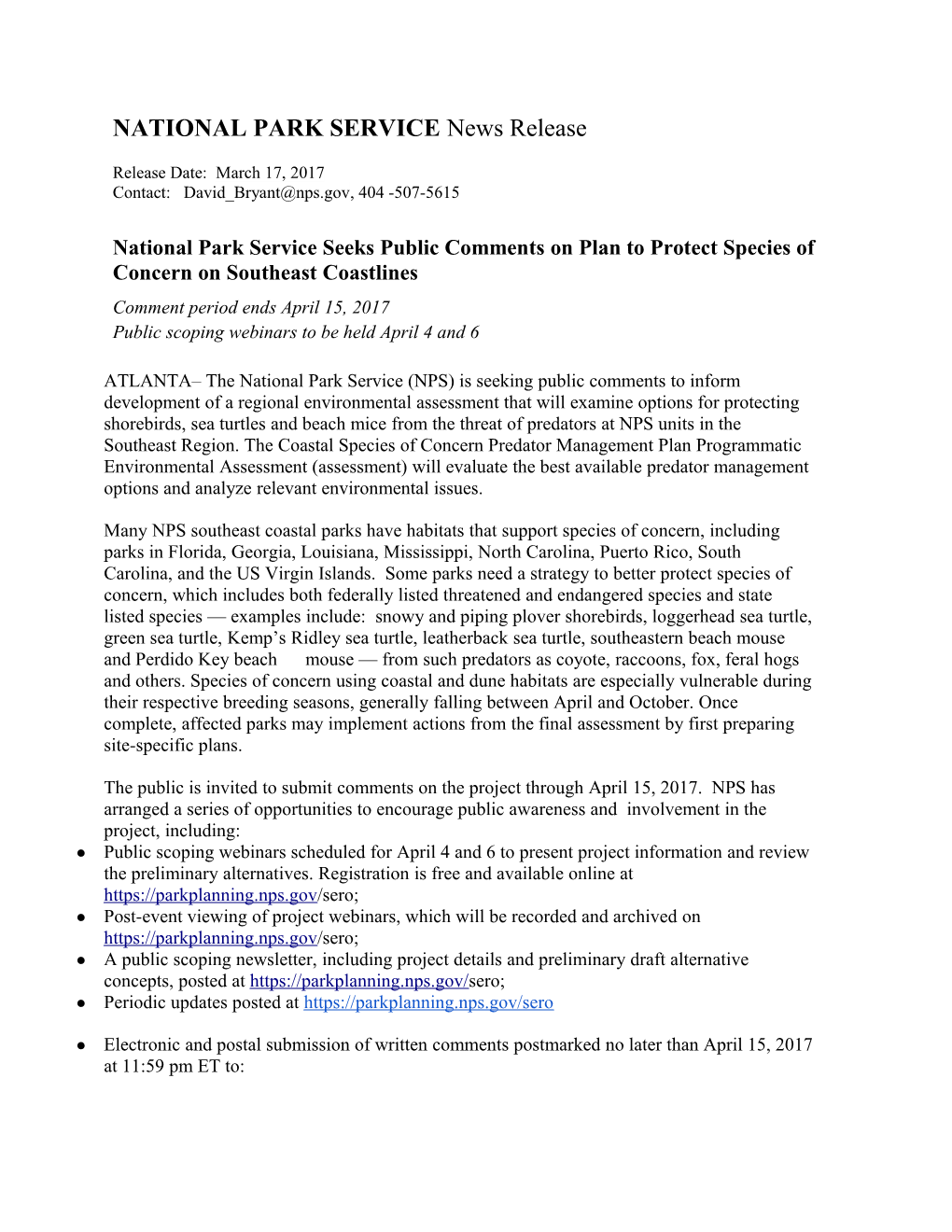 NATIONAL PARK SERVICE News Release s2