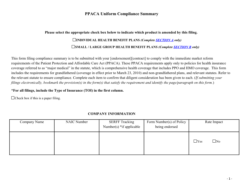 PPACA Uniform Compliance Summary