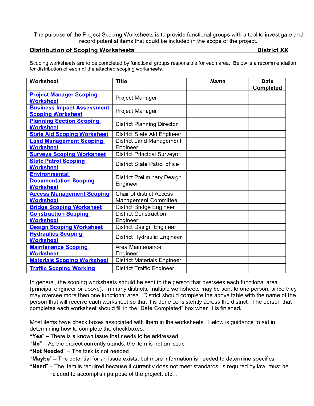 Distribution of Scoping Worksheets