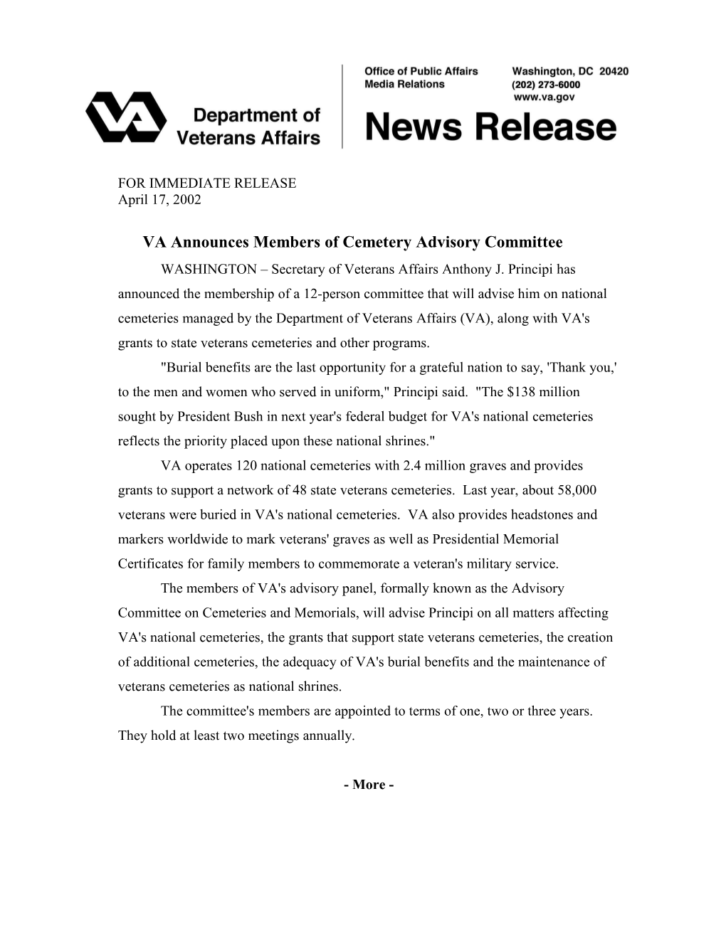 VA Announces Members of Cemetery Advisory Committee