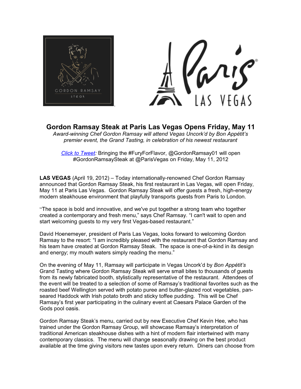 Gordon Ramsay Steak at Paris Las Vegas Opens Friday, May 11