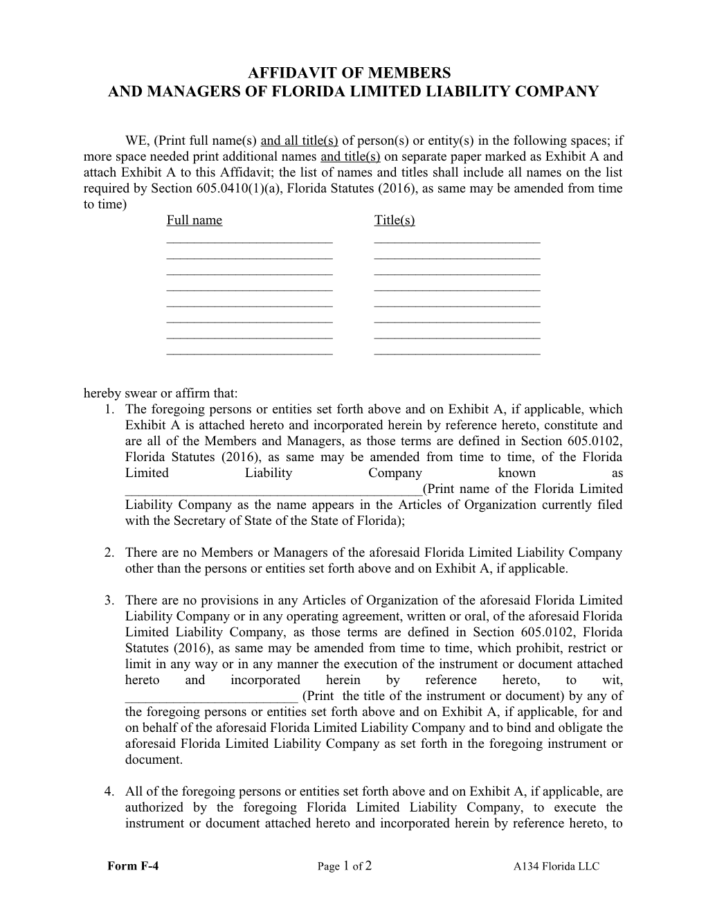 Affidavit of Members of Florida Limited Liability Company