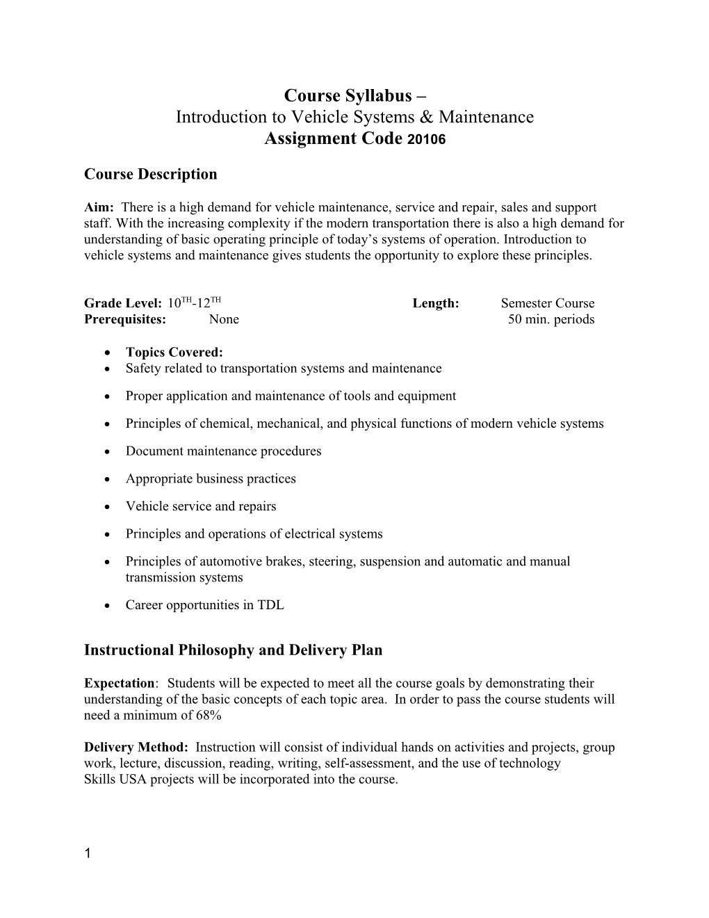 Introduction to Vehicle Systems & Maintenance