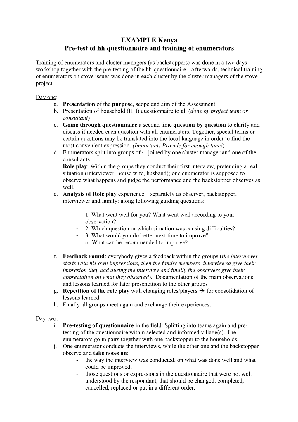 Pre-Test of Hh Questionnaire and Training of Enumerators