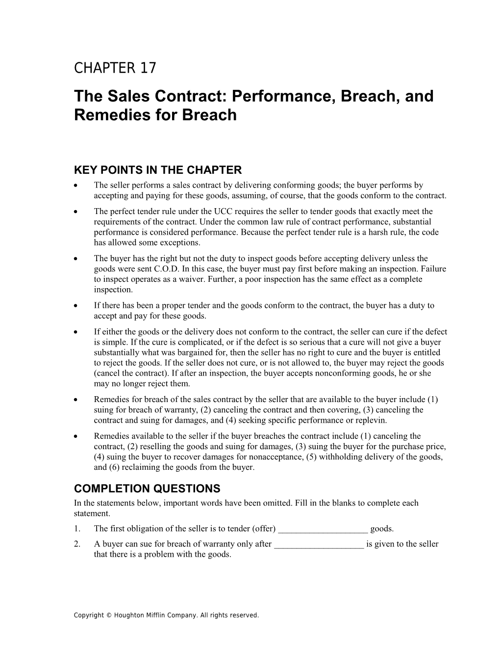 The Sales Contract: Performance, Breach, and Remedies for Breach