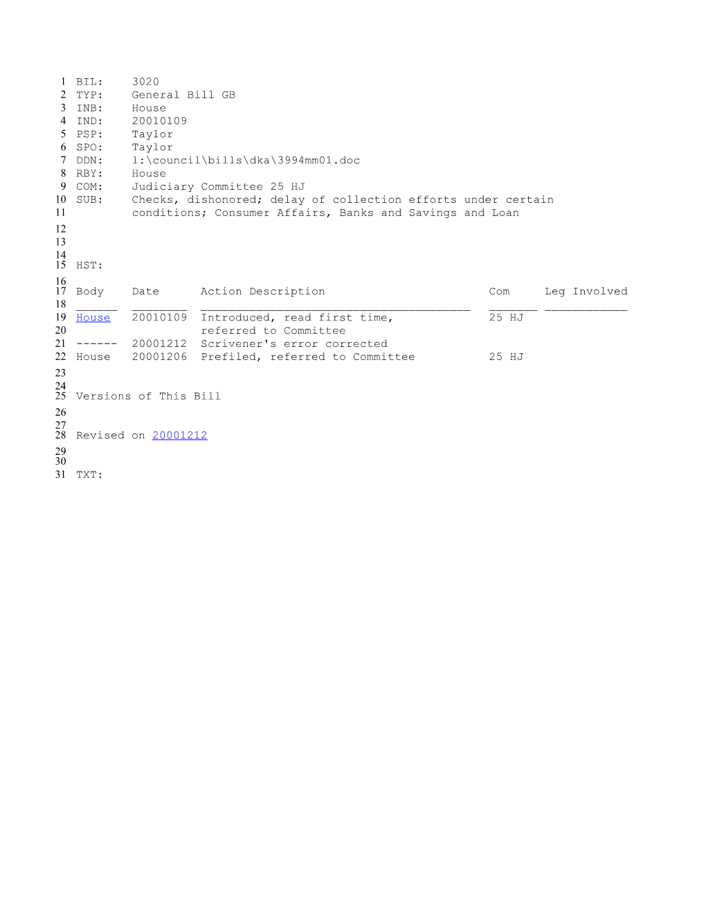 2001-2002 Bill 3020: Checks, Dishonored; Delay of Collection Efforts Under Certain Conditions;