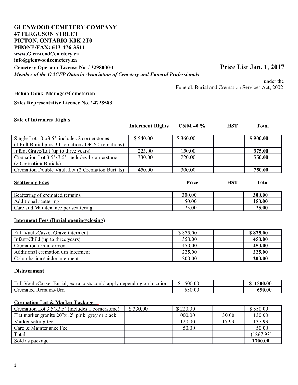 Glenwood Cemetery Fees & Charges