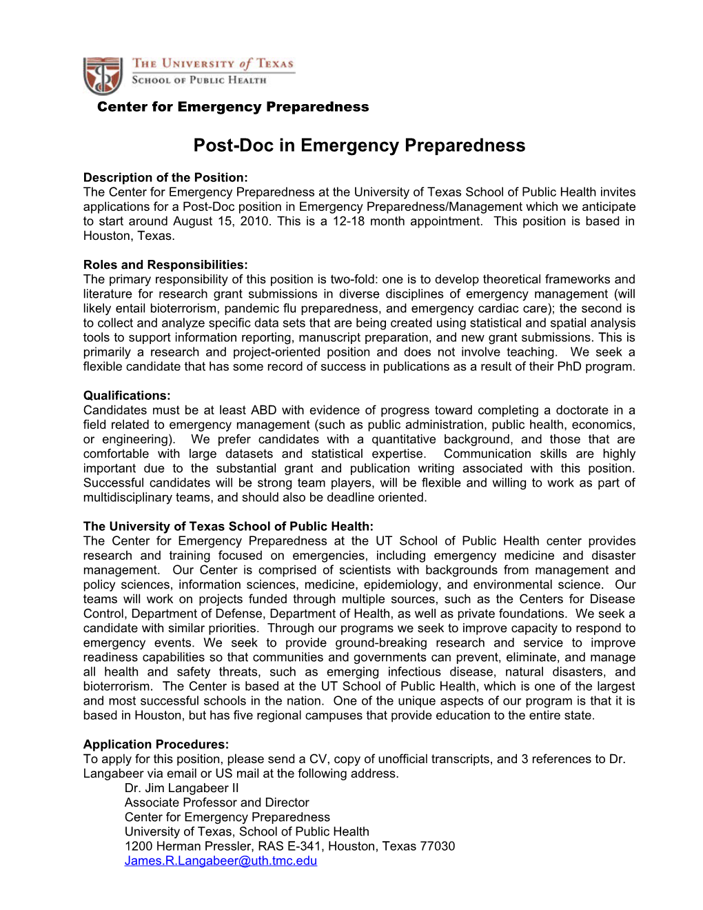 Post-Doc in Emergency Preparedness