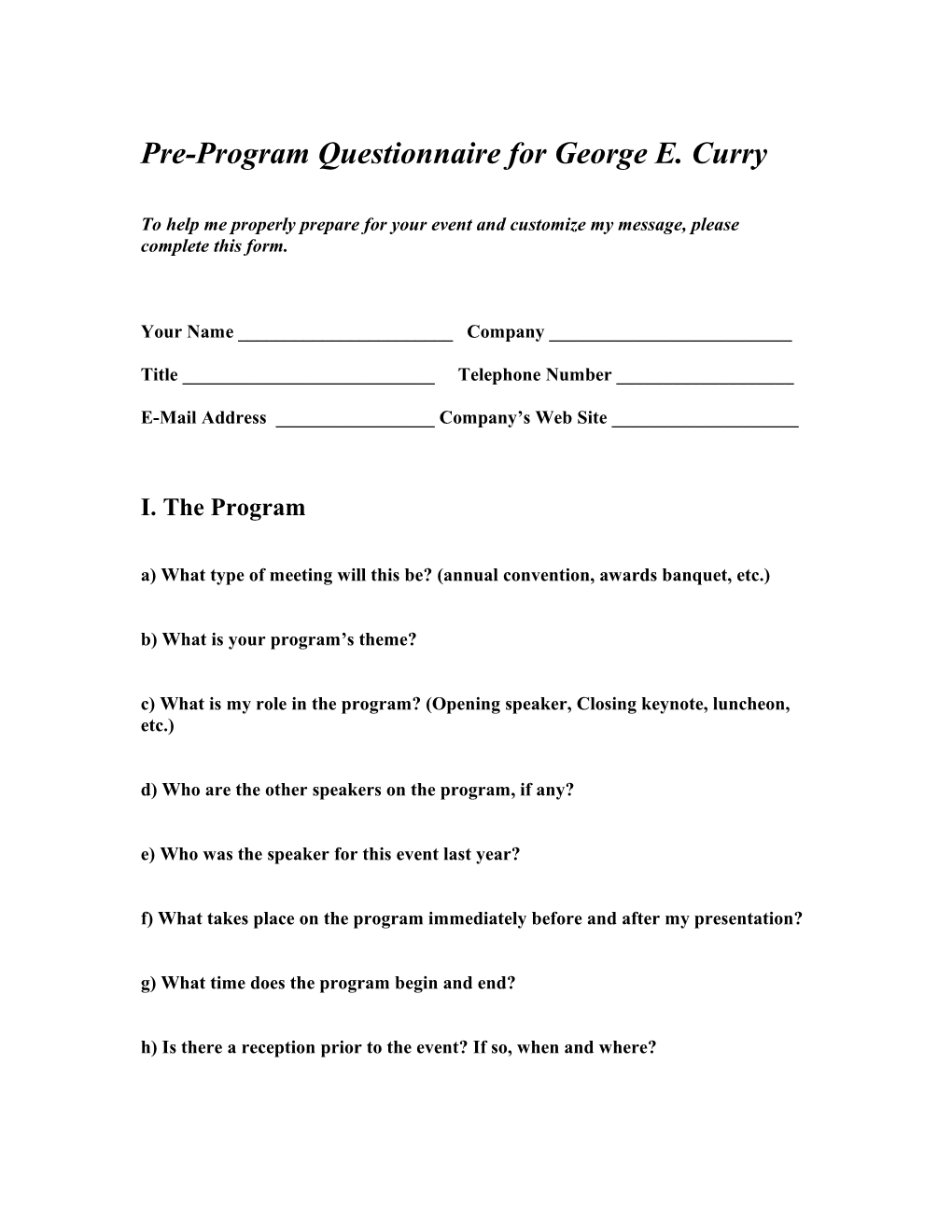 Pre-Program Questionnaire for George E