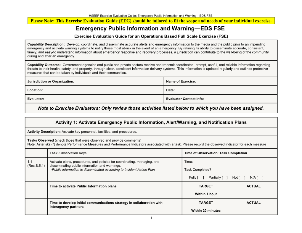 HSEEP Exercise Evaluation Guide: Emergency Public Information and Warning EDS FSE