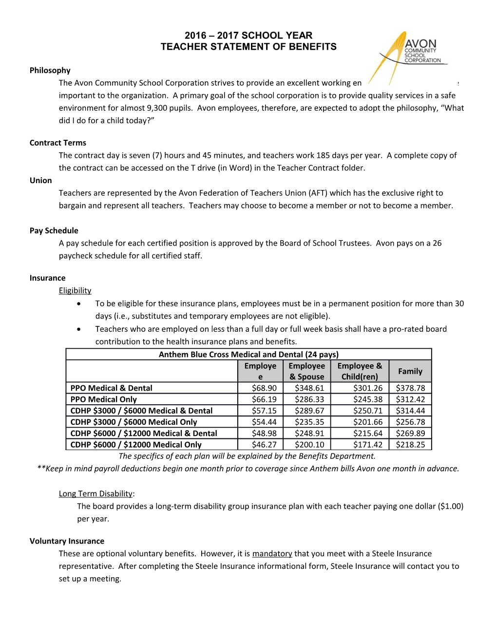 Teacher Statement of Benefits