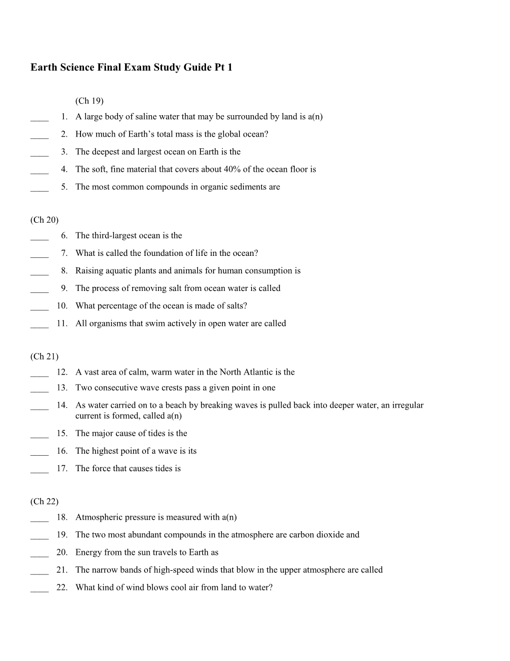 Earth Science Final Exam Study Guide Pt 1