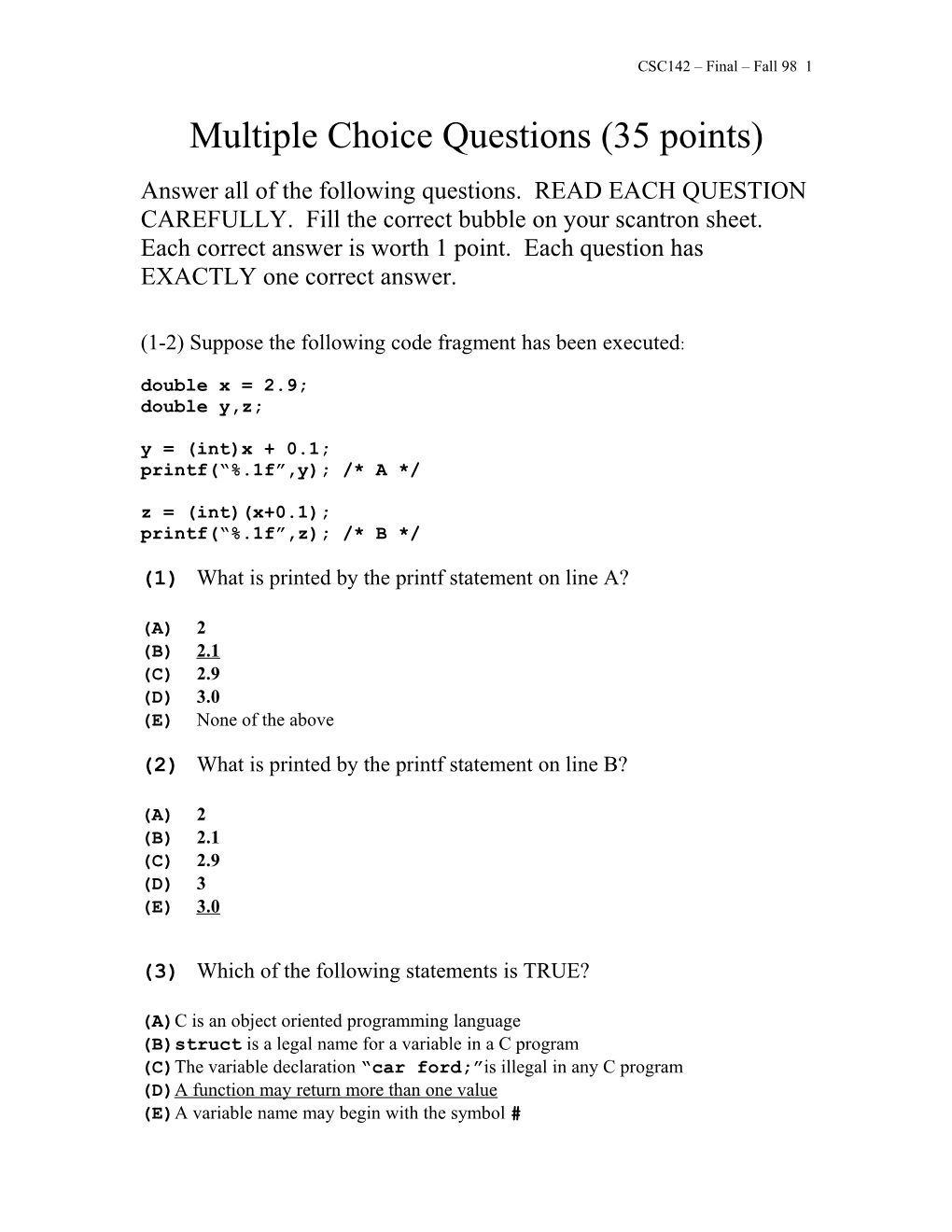 Multiple Choice Questions (Xx Points)