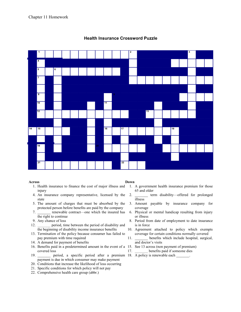 Health Insurance Crossword Puzzle