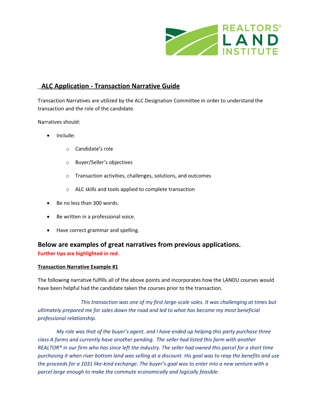 ALC Application - Transaction Narrative Guide