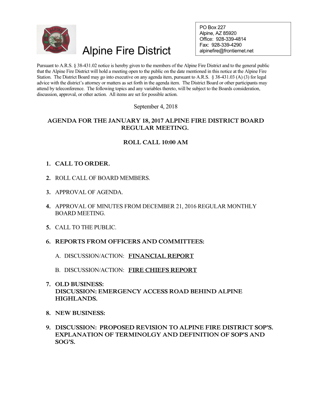 Agenda for the January 18, 2017 Alpine Fire District Board Regular Meeting