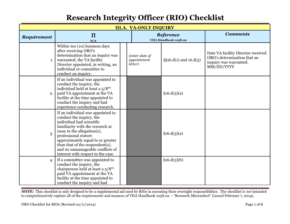 Research Integrity Officer (RIO) Checklist