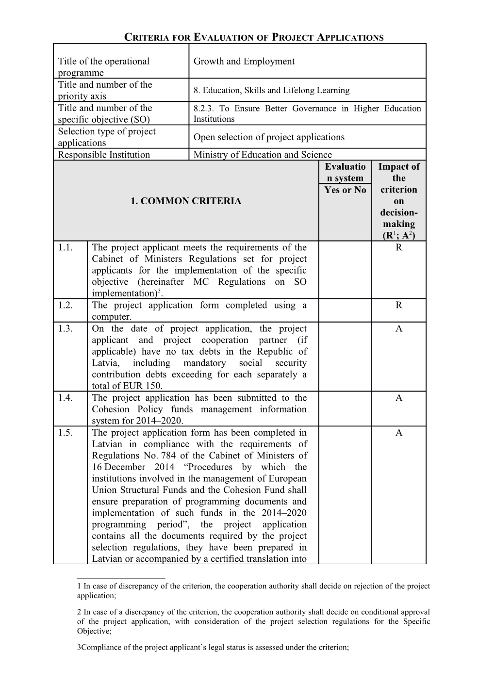 Criteria for Evaluation of Project Applications