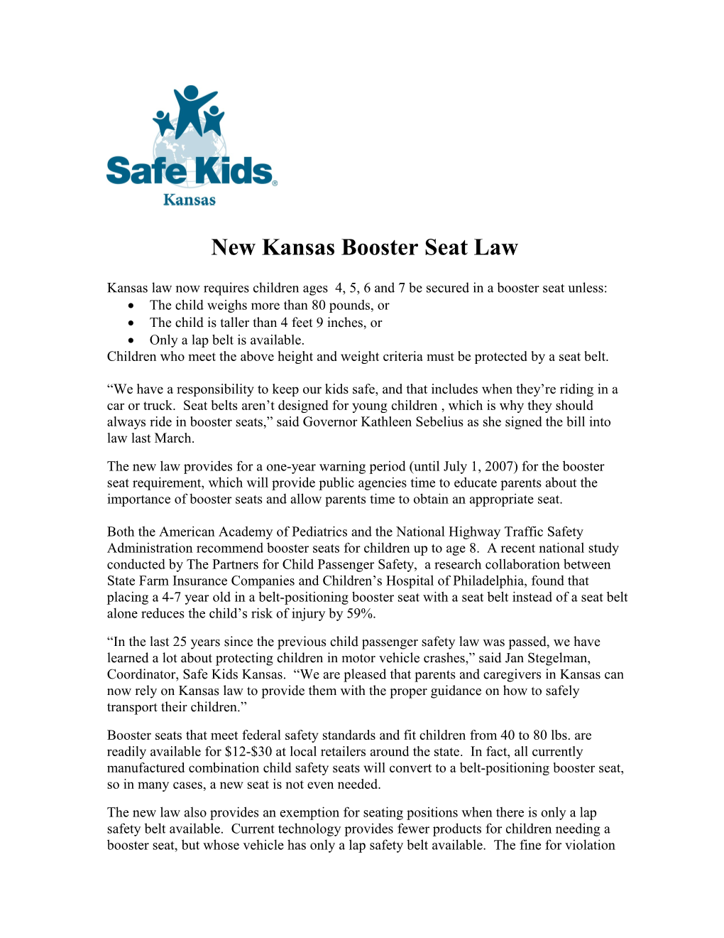 Governor Sebelius Signs Booster Seat Law