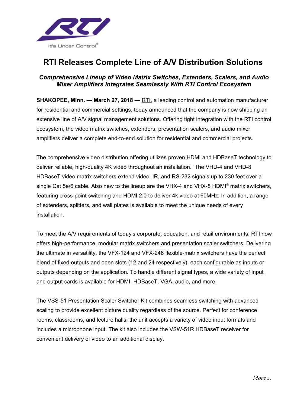 RTI Releasescomplete Line of A/V Distribution Solutions