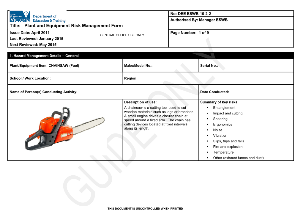 Plant and Equipment Risk Management Form - Chainsaw (Fuel)