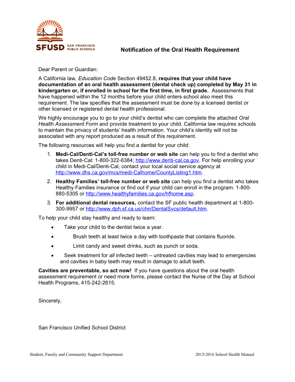 Oral Health Sample Notification Letter - Health Services & School Nursing (CA Dept of Education)