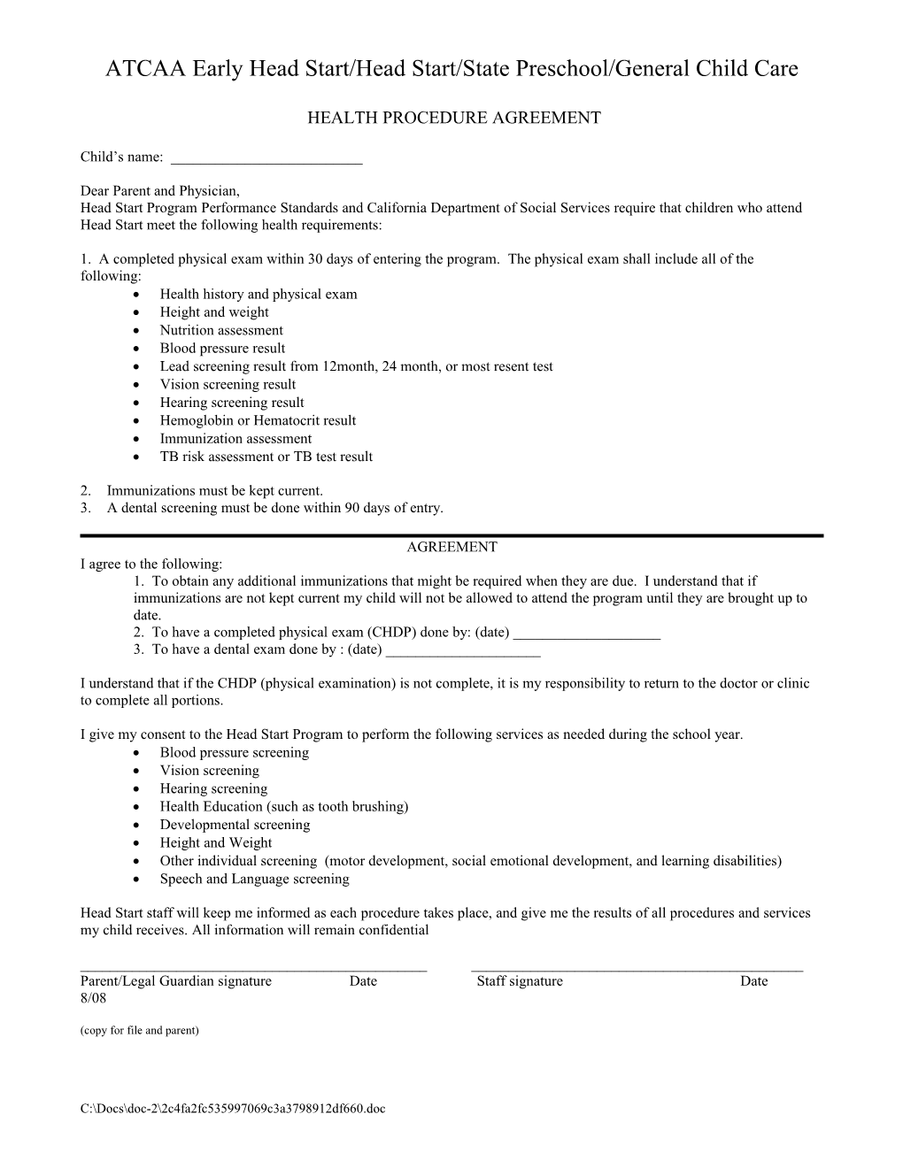 Head Start Health Procedure Agreement