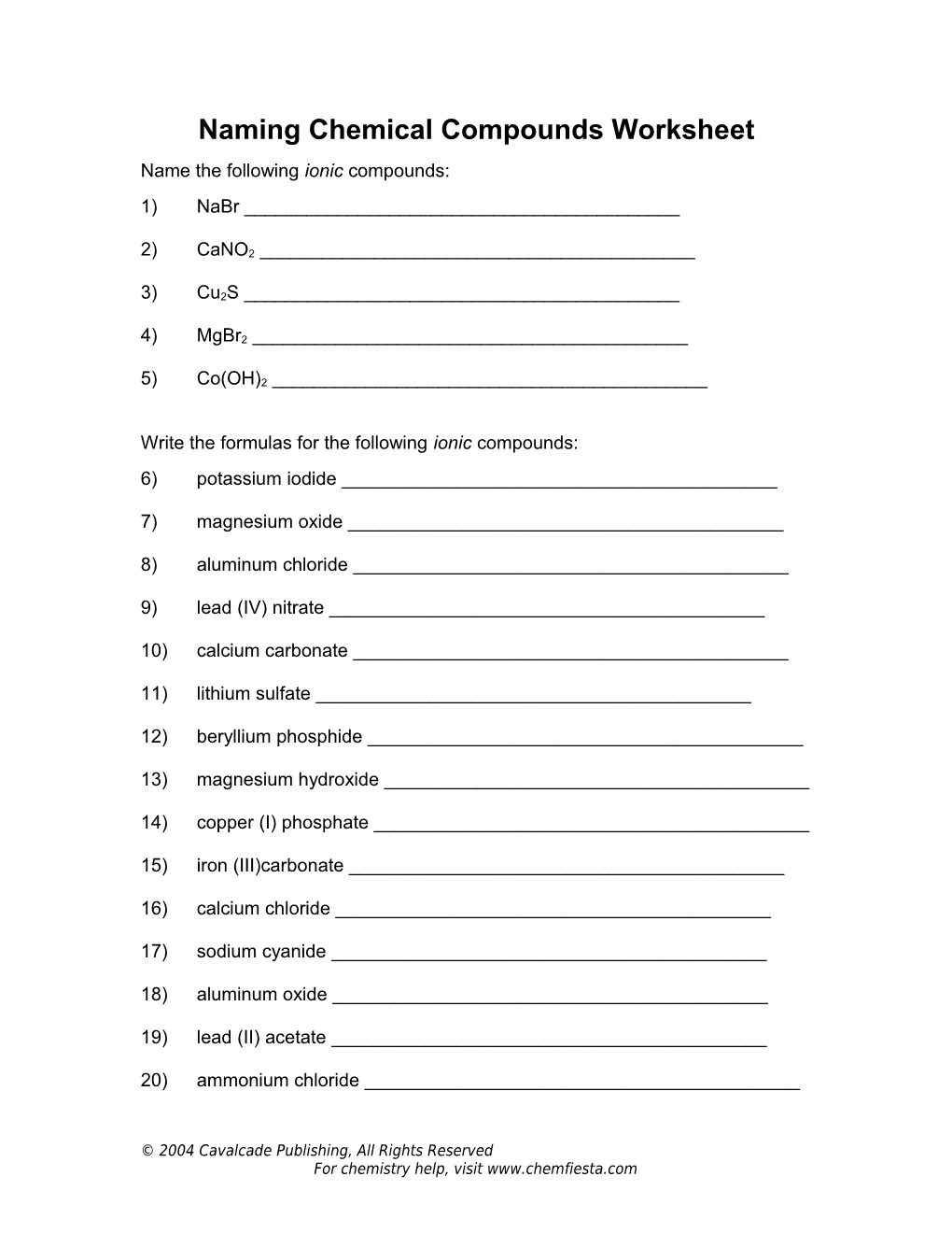 Naming Chemical Compounds Worksheet