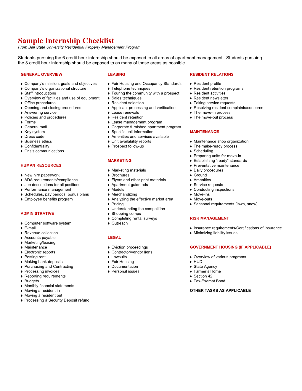 Sample Internship Checklist