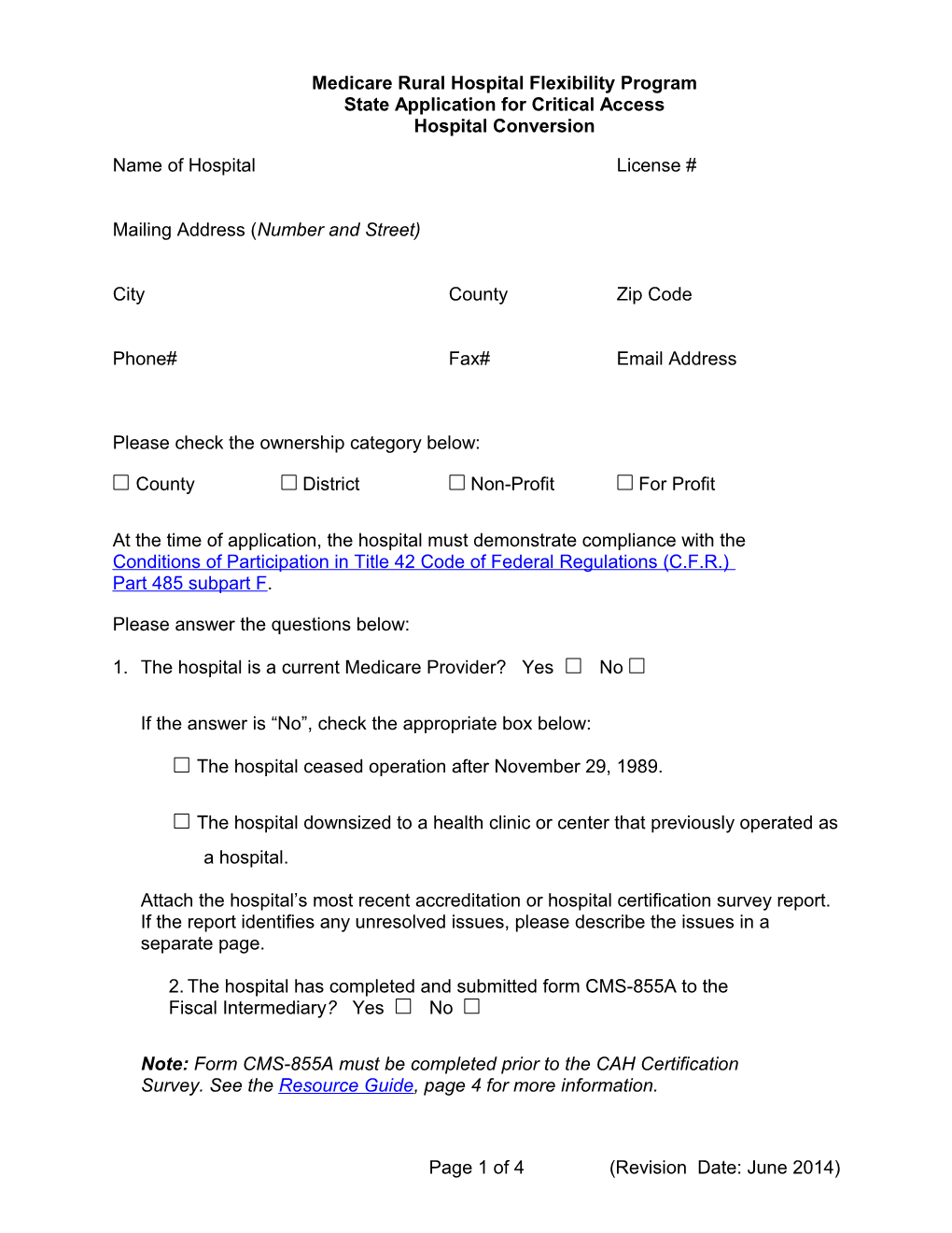 State Application for CAH Conversion June 2014