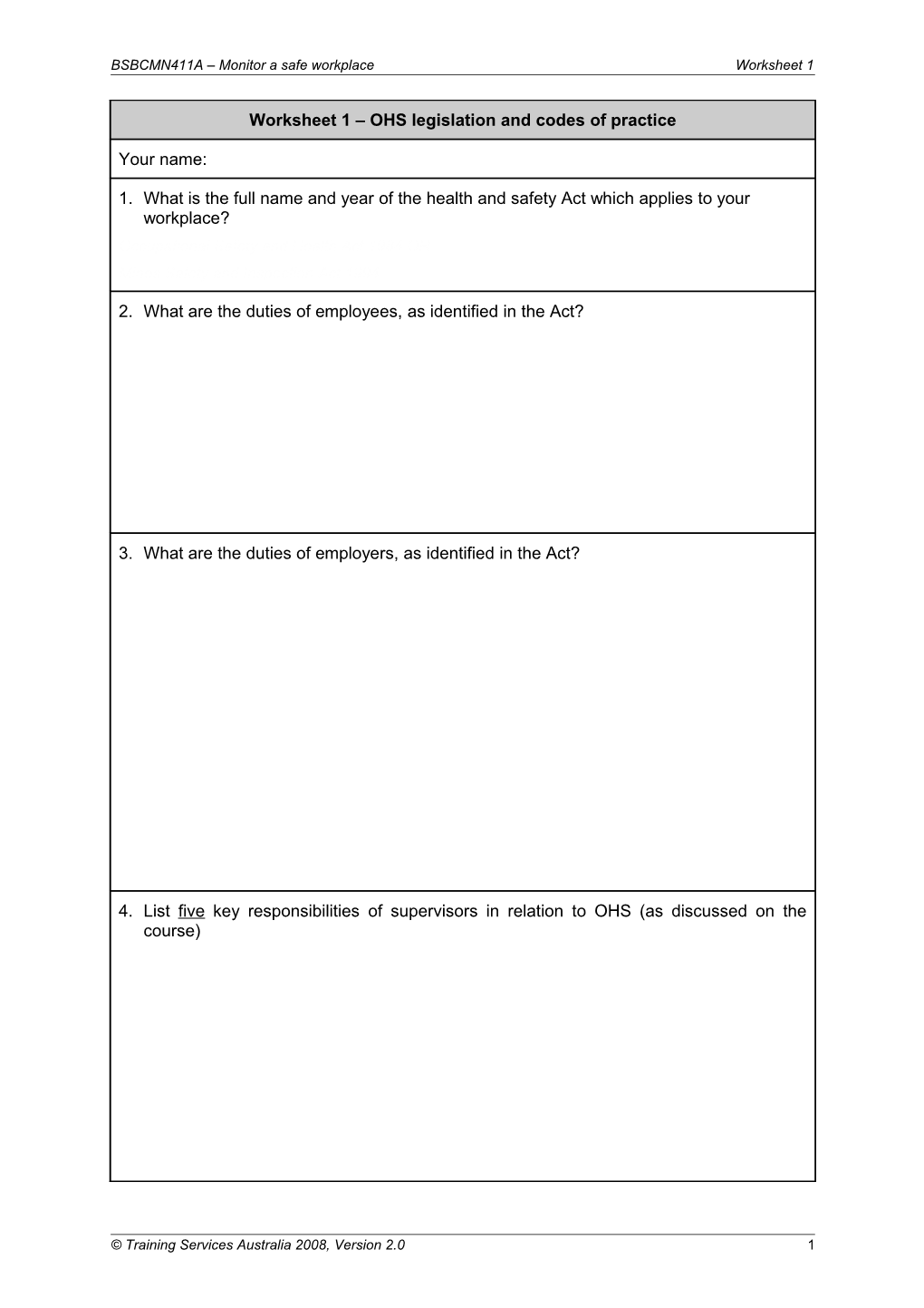 Worksheet 1 OHS Legislation and Codes of Practice