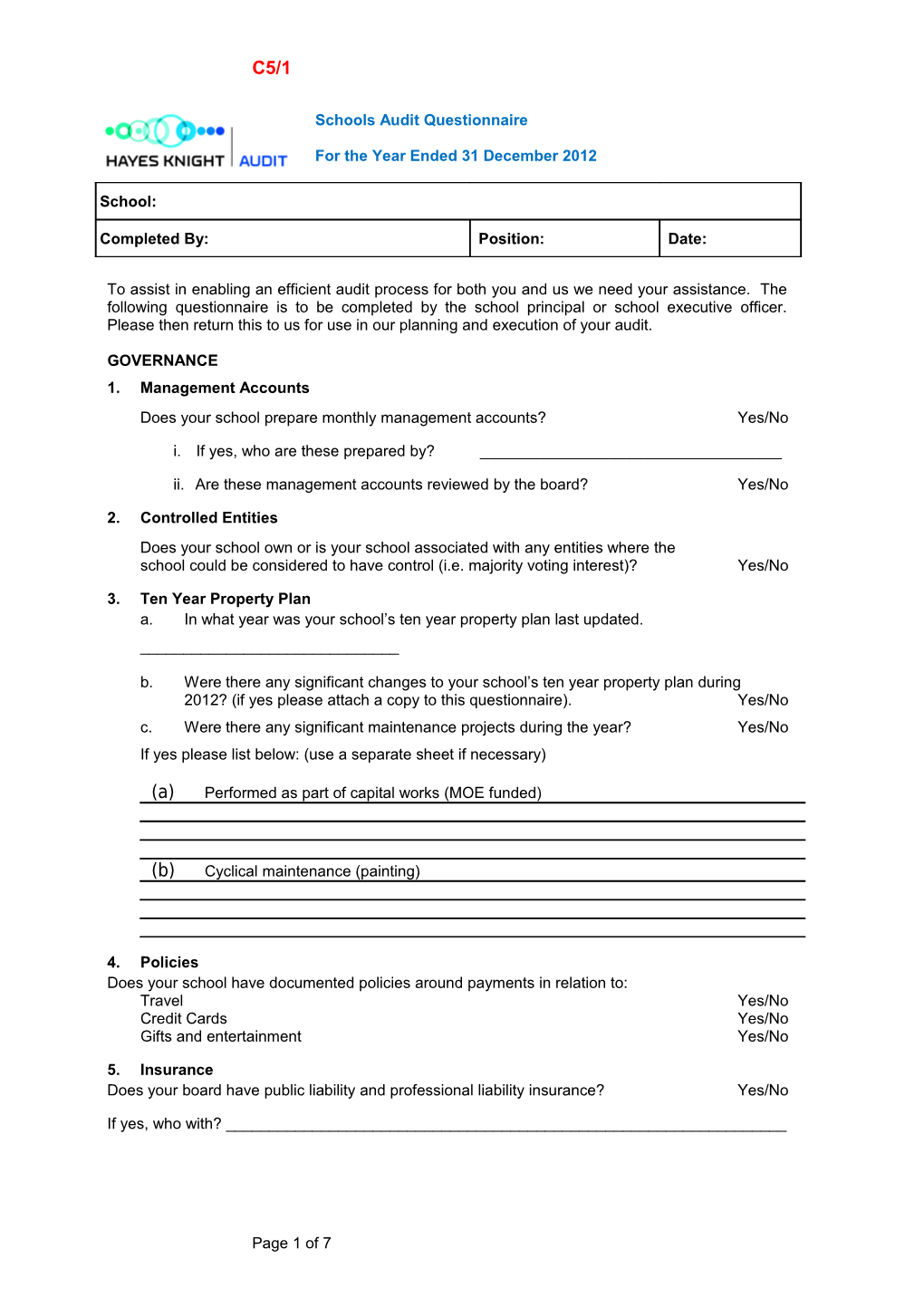 Schools Audit Questionnaire