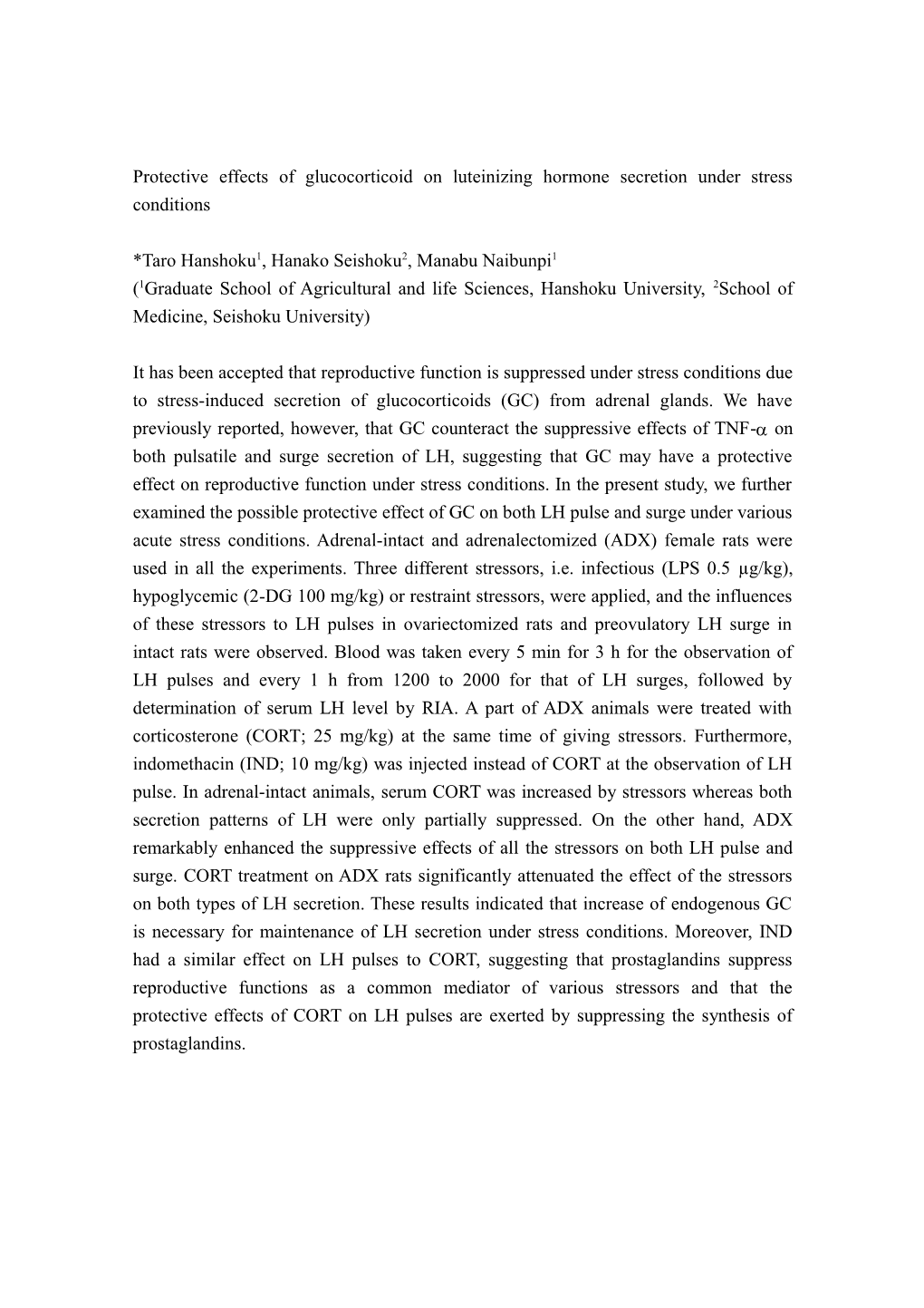 Protective Effects of Glucocorticoid on Luteinizing Hormone Secretion Under Stress Conditions