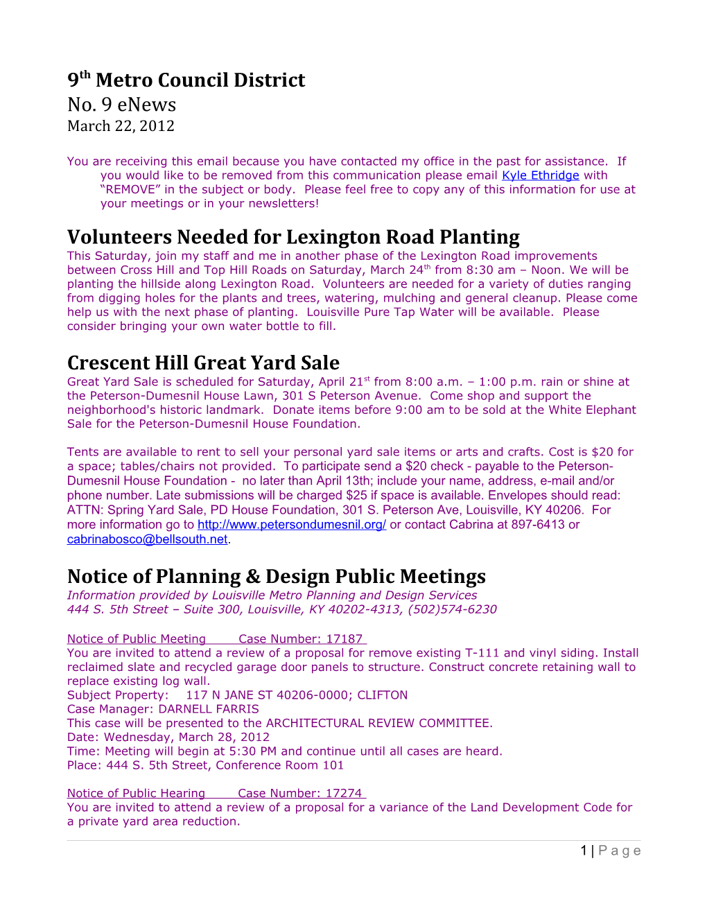Volunteers Needed for Lexington Road Planting