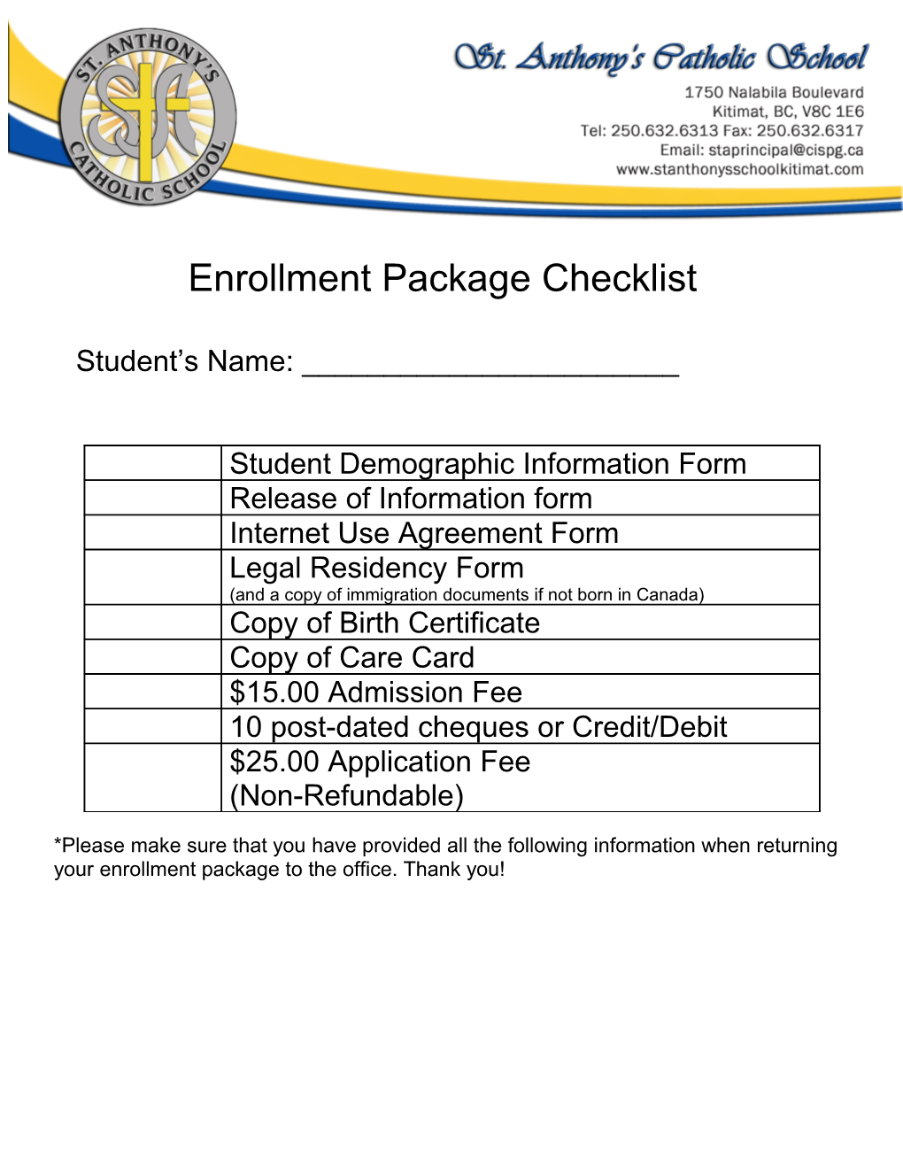 Enrollment Package Checklist