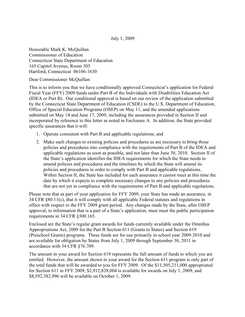 STATE IDEA 2009 Part B Grant Award Letter (MS Word)