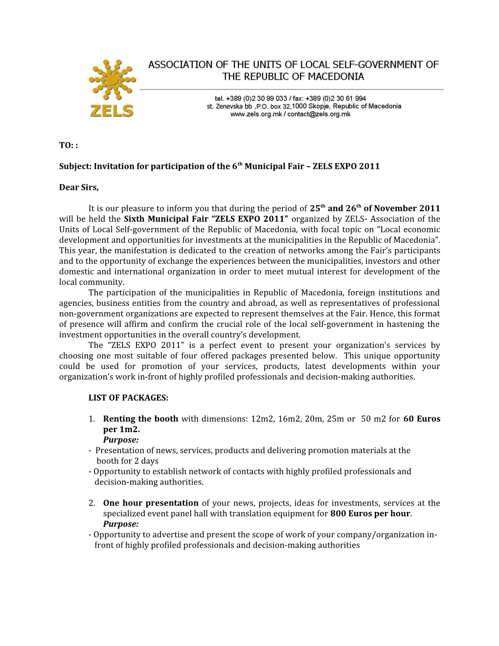 Subject: Invitation for Participation of the 6Th Municipal Fair ZELS EXPO 2011