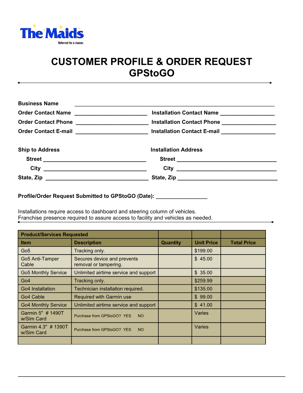 Customer Profile & Order Request