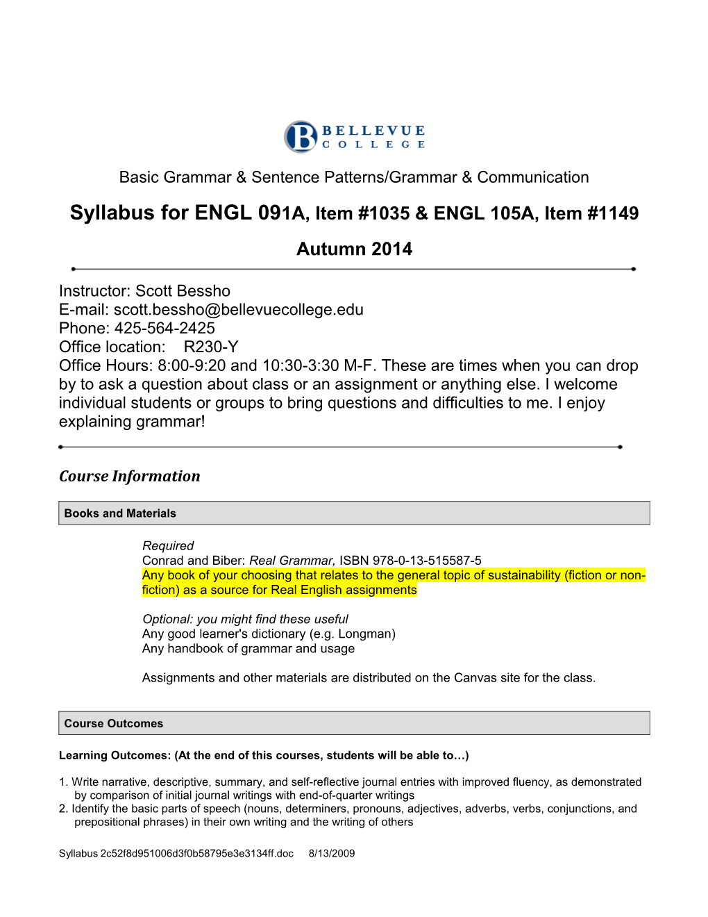 Syllabus for ENGL 091A, Item #1035 & ENGL 105A, Item #1149