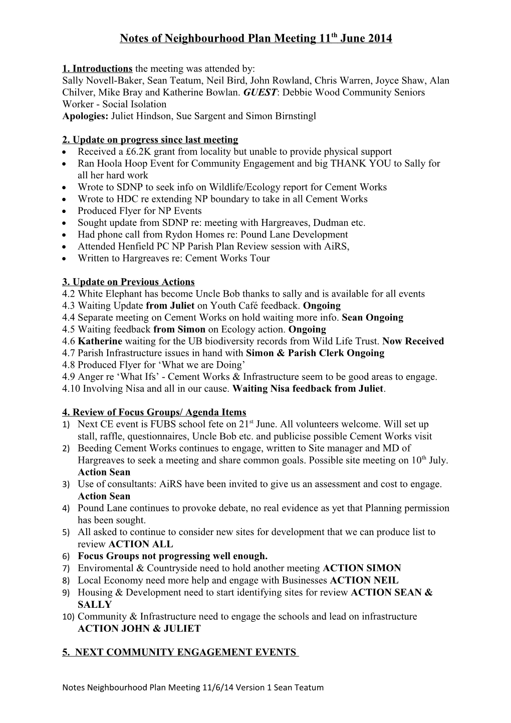 Notes of Neighbourhood Plan Meeting 11Thjune 2014