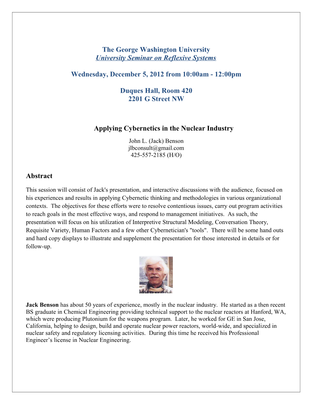 Abstract for University Seminar on Reflexive Systems at George Washington University, Feb